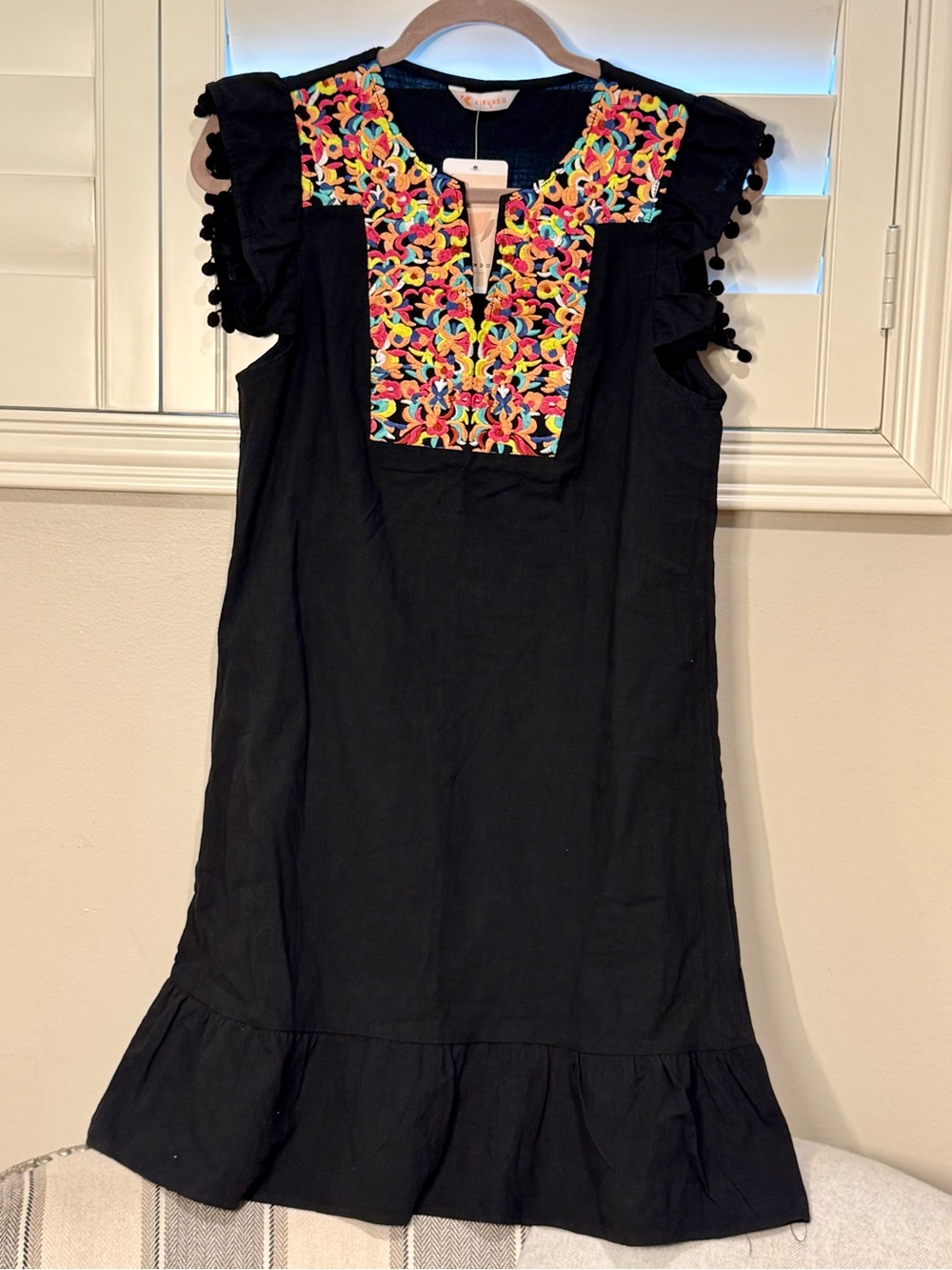 Black Casual Embroidered Yoke Dress with Multicolor Detail